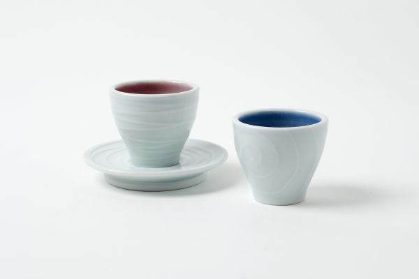 Espressotassen Linien, heiderot/Spiralen, wolkenblau