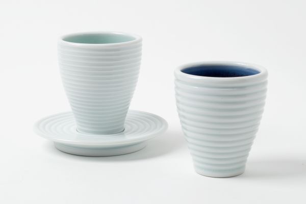 Espressotassen doppio, Rillen, seladongrün/Michelin, wolkenblau